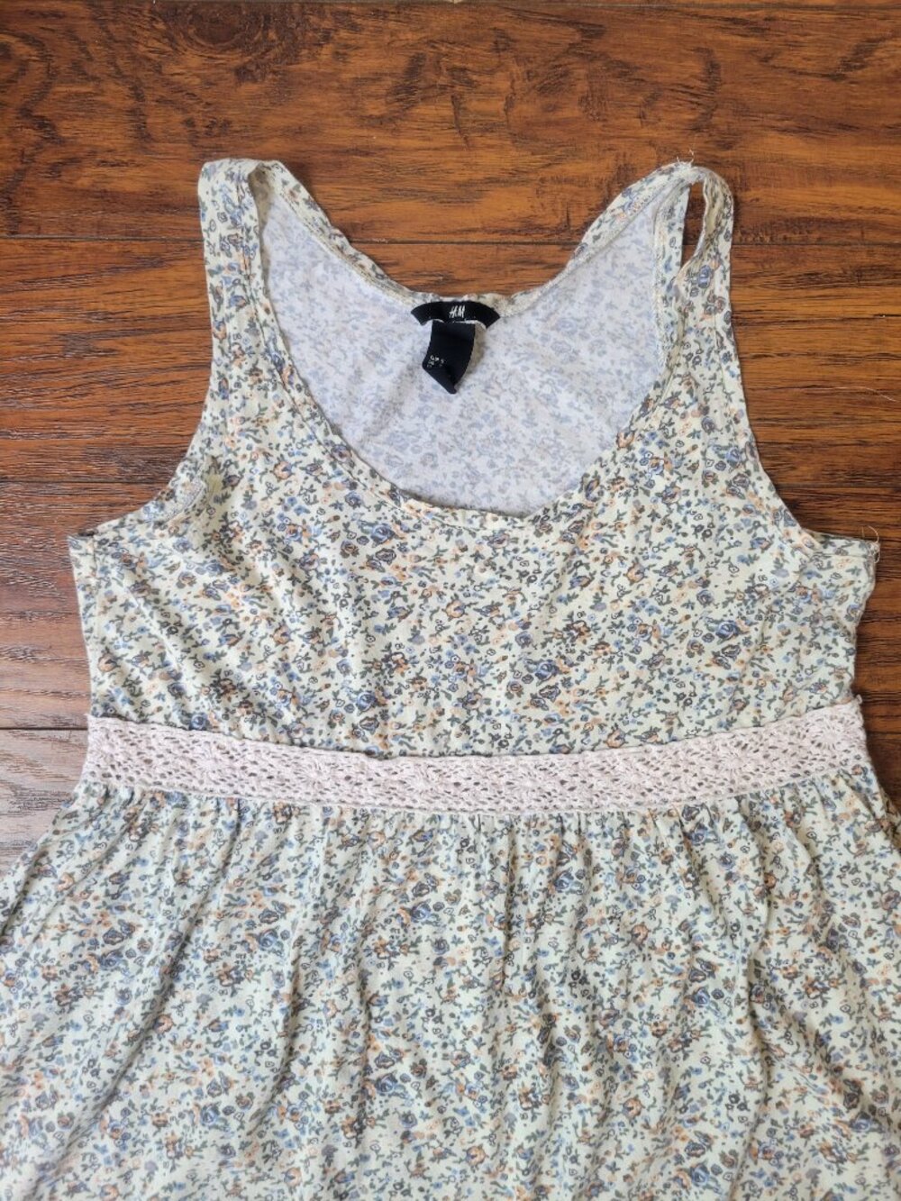 H&M Cream Pink Floral Sleeveless Crochet Lace Waist Babydoll Mini Dress sz S EUC - Picture 5 of 7
